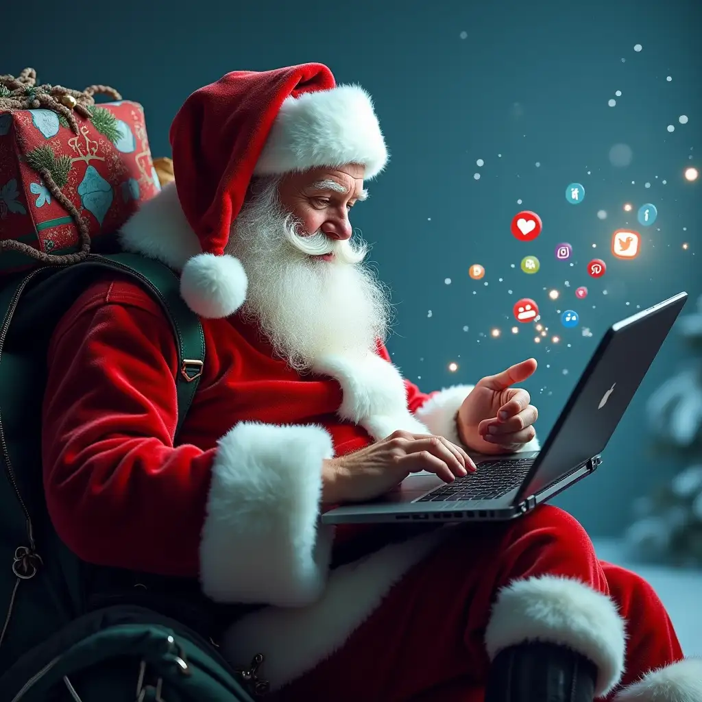 Ultrarealistic santaclaus  with laptop and bag full of socialedia icon , with a cinematic background