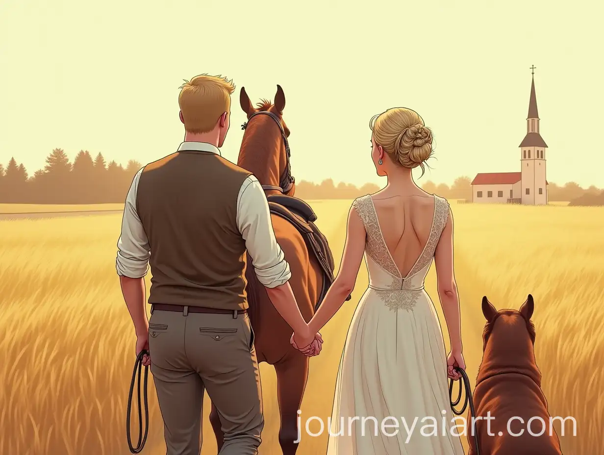 Bride-and-Groom-Walking-to-Wedding-with-Daughter-and-Dog-in-Wheat-Field-Scene
