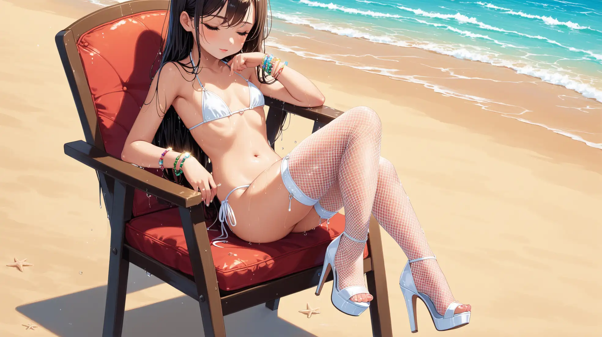 petite girl, small girl, young girl, micro bikini, string bikini, white bikini, wet, half-closed eyes, high heels, strappy high heels, beach, toes, platform high heels, chair, sitting, sparkly high heels, bracelet, crossed legs, white fishnet thighhighs, garter belt