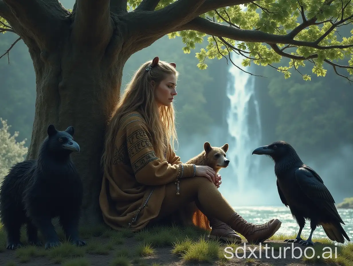 A nordic female shaman with long floating hair, sitting under a large tree, wearing a tunic with runes, two bears, two ravens, a magical misty atmosphere, a waterfall in the background