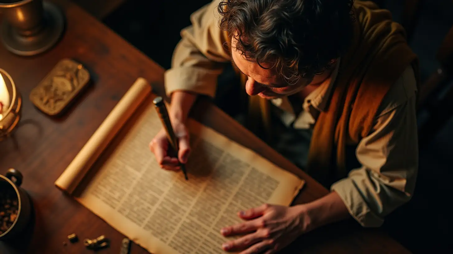 Biblical Era Scribe Writing on Parchment Scroll