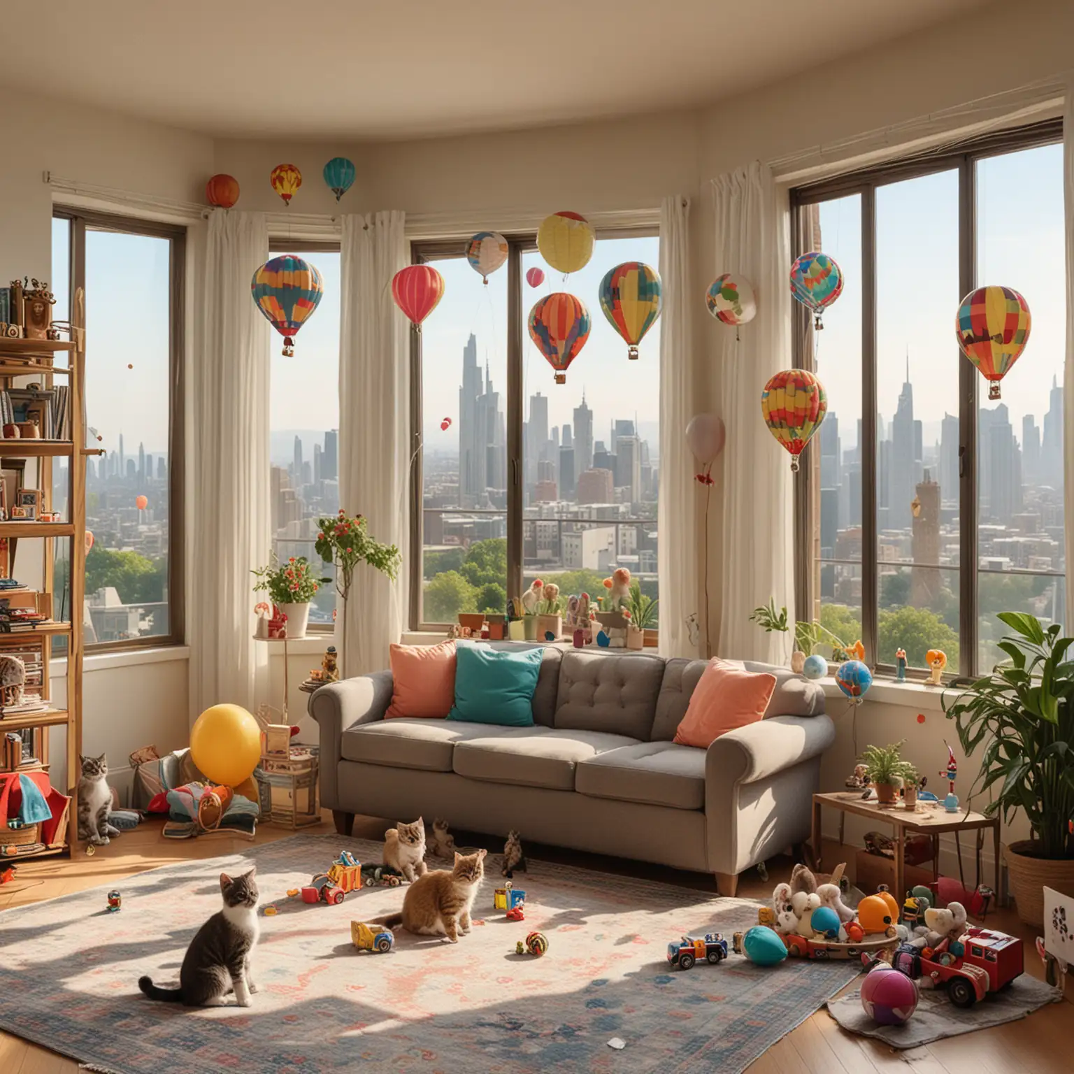 A living room on a summer afternoon. There are skyscrapers, colorful hot air balloons outside the windows. Kittens are playing with toys in front of the windows. There are also many toys on the floor. There are some family photos hanging on the wall.