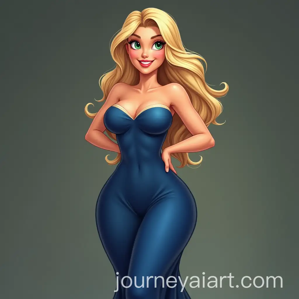 Blonde-Woman-in-Blue-Dress-with-Curvaceous-Figure-and-Green-Eyes-Smiling