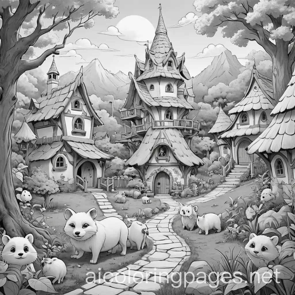 a magical fantasy animal village, Coloring Page, black and white, line art, white background, Simplicity, Ample White Space. The background of the coloring page is plain white to make it easy for young children to color within the lines. The outlines of all the subjects are easy to distinguish, making it simple for kids to color without too much difficulty