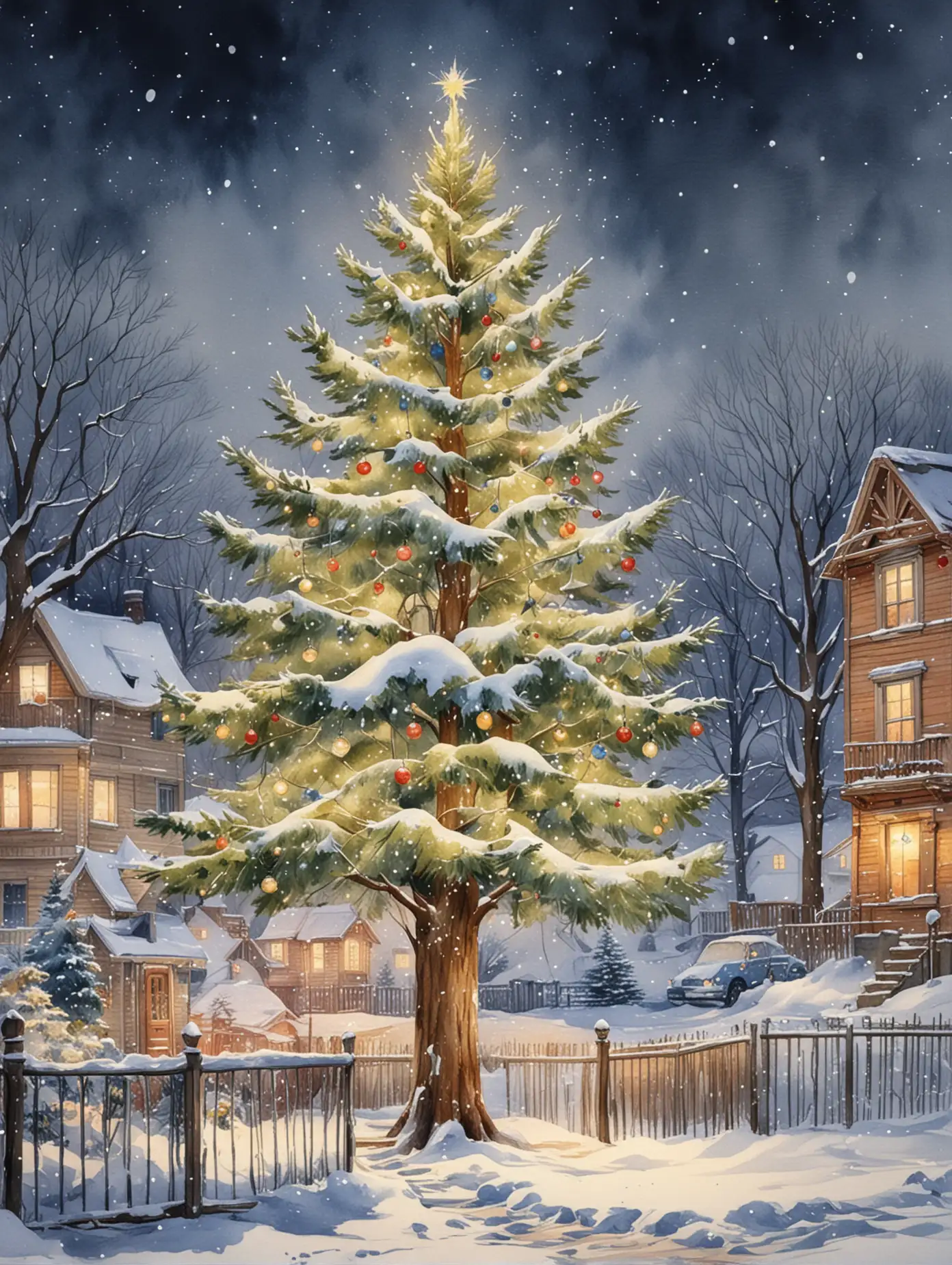 New-Years-Decorated-Tree-with-Snow-and-Surrounding-Houses-in-Watercolor