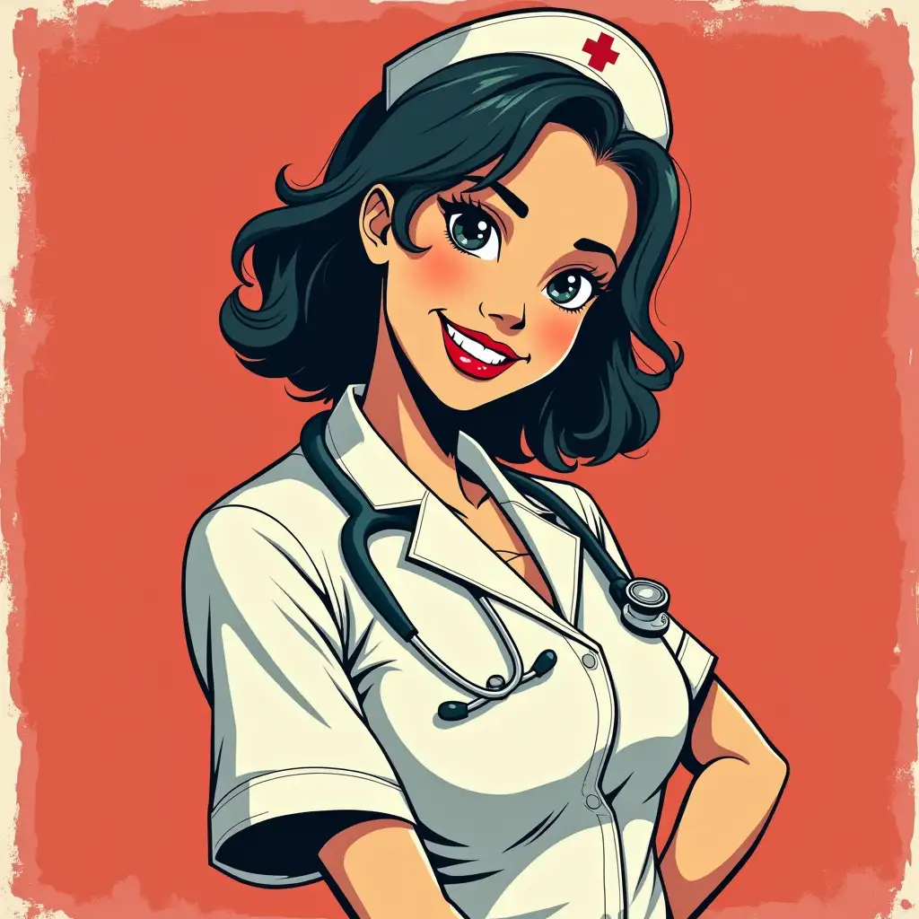 A nurse in pop art style with dark hair stands sideways and smiles