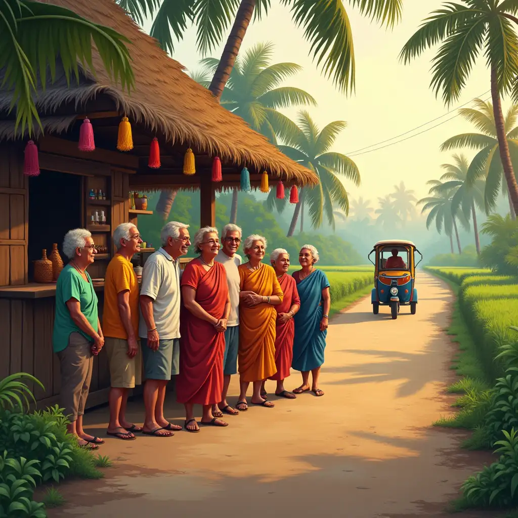 The image depicts a cheerful group of elderly people standing in front of a traditional roadside eatery with a rustic thatched roof adorned with colorful tassels. The scene is set on a serene countryside road lined with lush green fields and coconut trees, with a distant auto-rickshaw heading down the path. The ambiance conveys a sense of warmth, community, and rural charm, bathed in soft, pastel lighting of a sunrise or sunset.