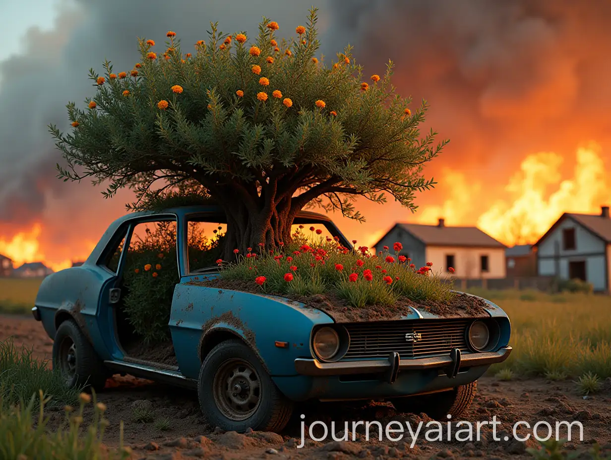 Tree-Growing-from-Roofless-Car-Surrounded-by-Wildflowers-and-Flaming-Houses
