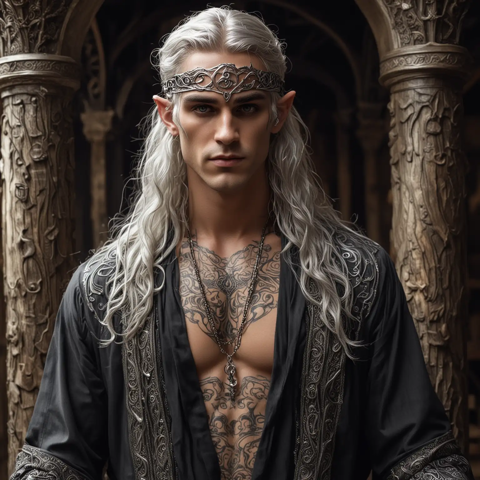 Fantasy Male Elf with Silver Hair in Druid Robes at Elven Palace