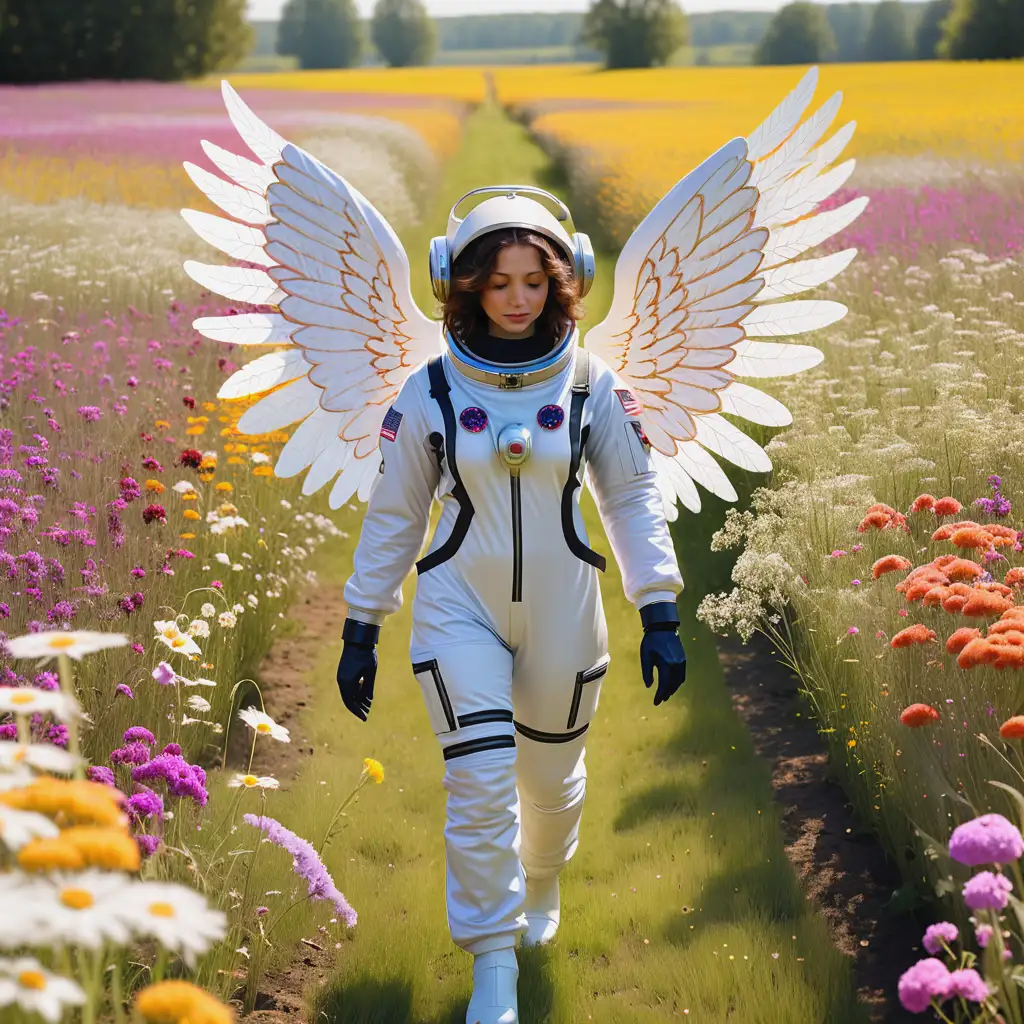 Woman in Fitted Space Suit with Angel Wings Walking Through Flowers