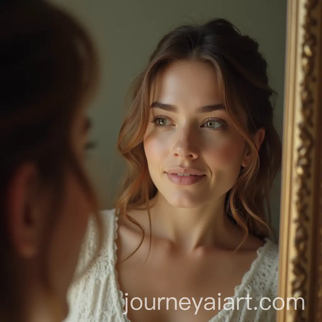Woman-Gazing-at-Mirror-with-Thoughtful-Expression