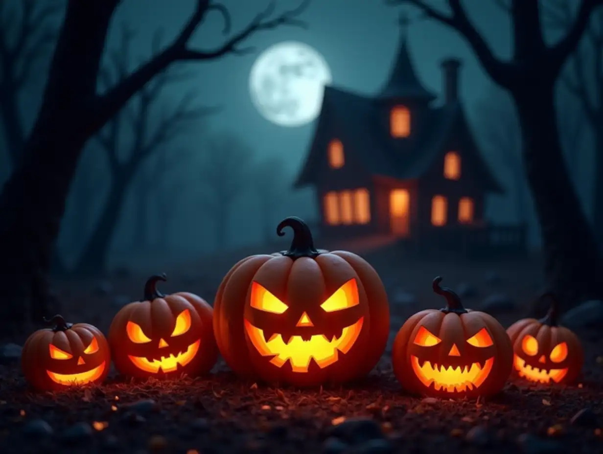 Spooky-Halloween-3D-Render-Pumpkins-Haunted-House-and-Dark-Forest