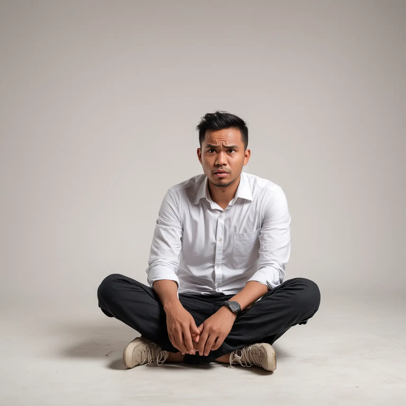 studio photoshoot of a realistic Malay man, aged around 30s, sitting on the floor, looks frustrated and thinking, white plain background at the back