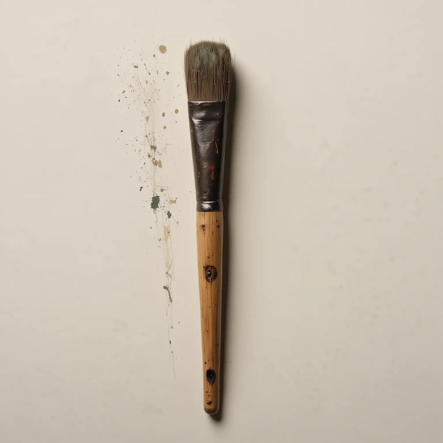 view strictly from above: a medieval artist's brush. The wooden handle is dark, covered with scratches and spots of dried paint. The kolinsky is light-colored, with greenish paint on the top. White background.