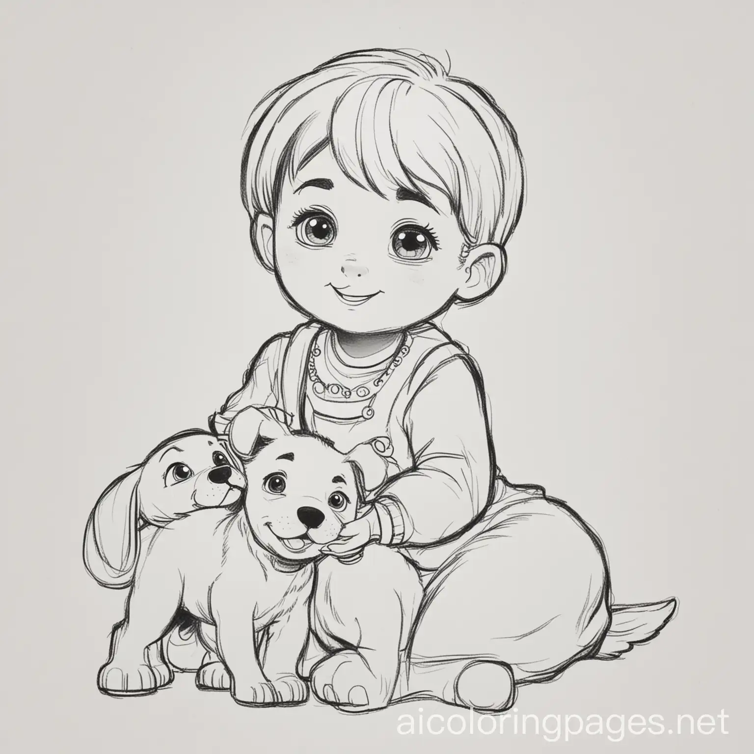 A Image Outline only Of A Friendly pixar style baby with a dog playing For A Children's Colouring Book, Coloring Page, black and white, line art, white background, Simplicity, Ample White Space. The background of the coloring page is plain white to make it easy for young children to color within the lines. The outlines of all the subjects are easy to distinguish, making it simple for kids to color without too much difficulty