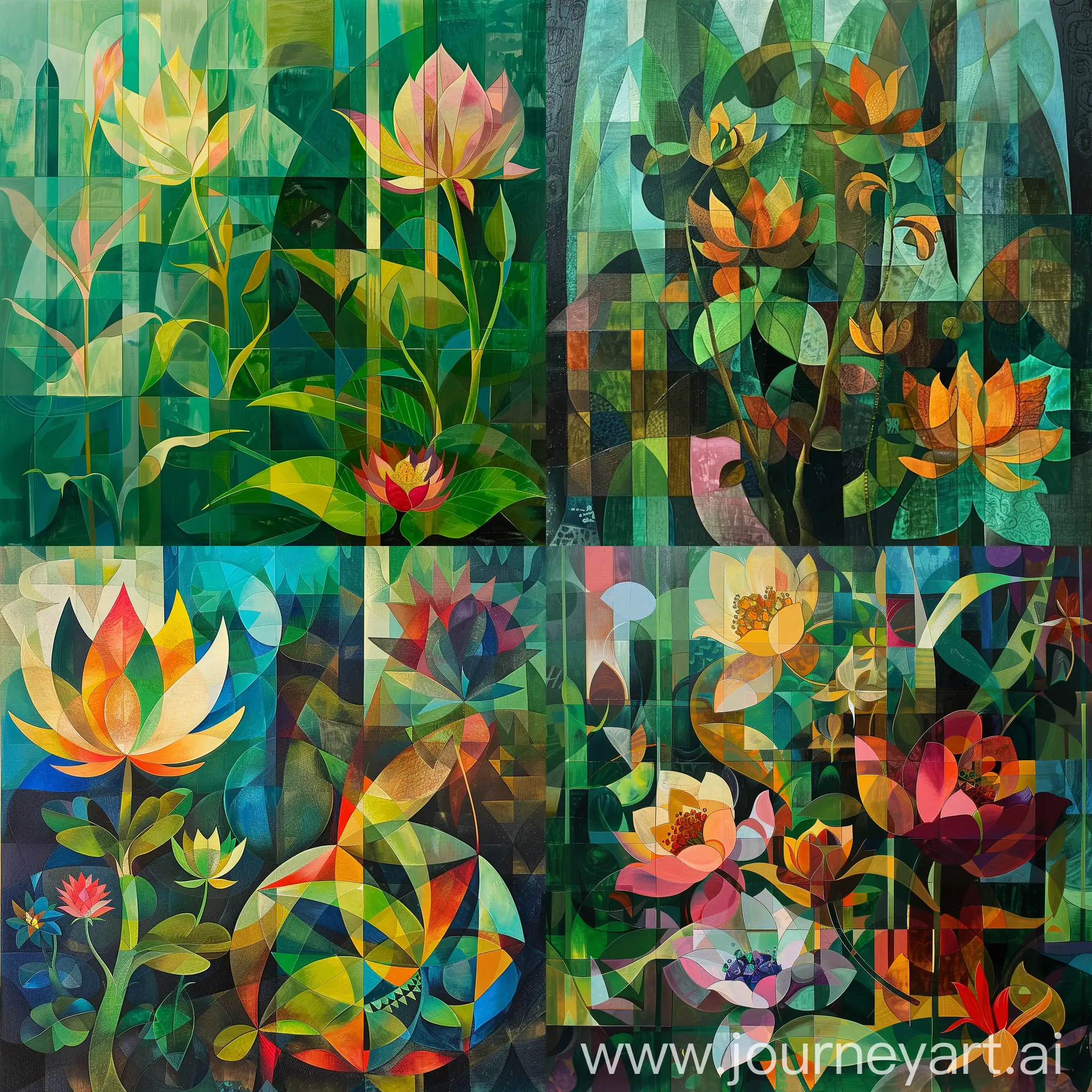 Buddhist-Thangka-Inspired-Cubist-Art-with-Futuristic-Green-Nature-and-Beautiful-Flowers