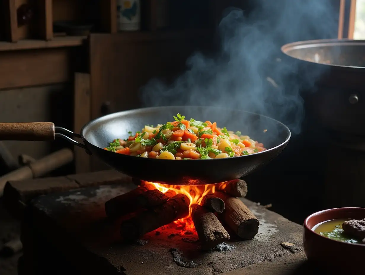 In a rural Chinese kitchen, frying vegetables in a large wok on a stove using firewood. Enlarge the pot.