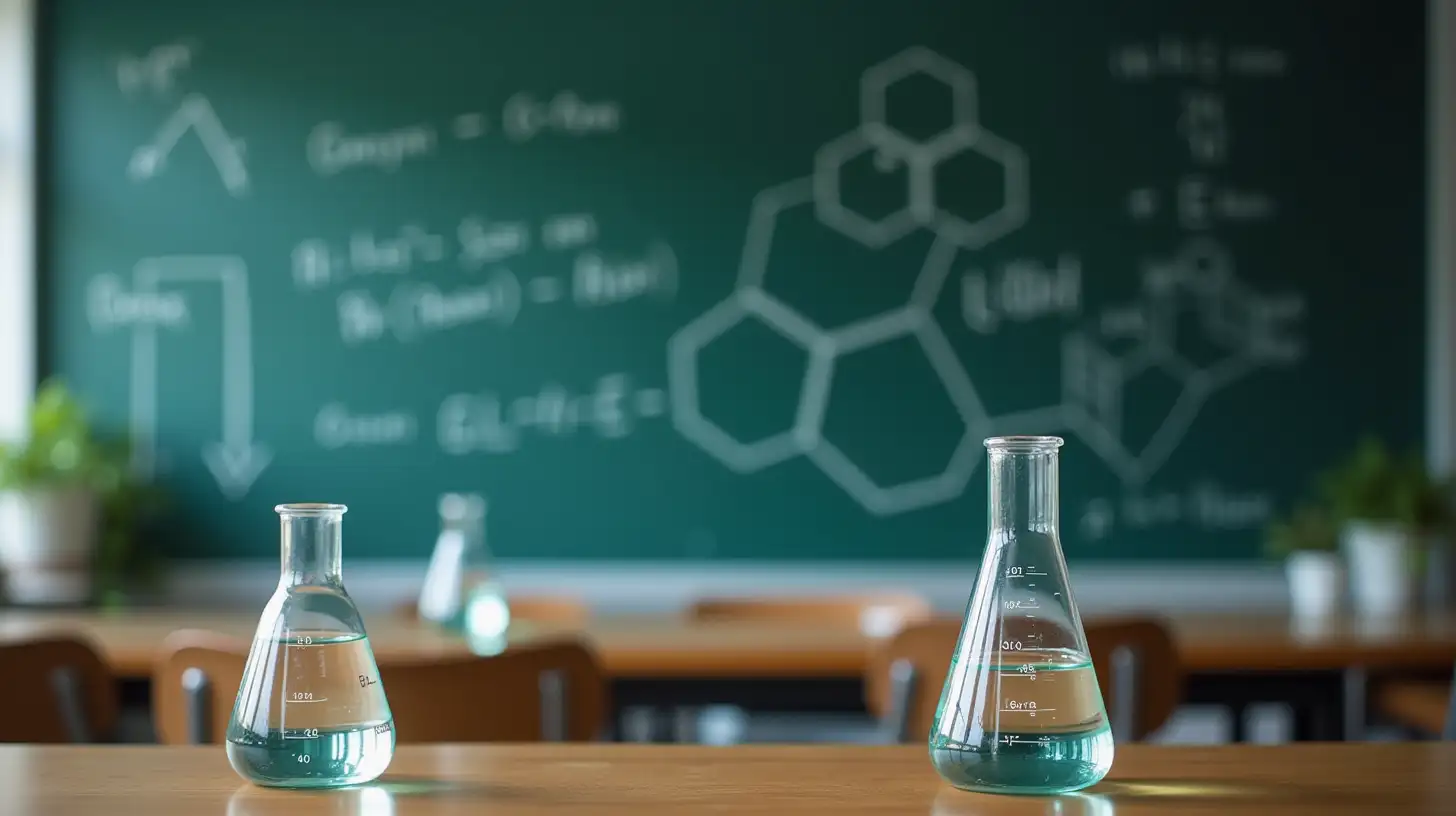 Create a photo quality image of science classroom with beakers, lab coats and formulas on the chalkboard.