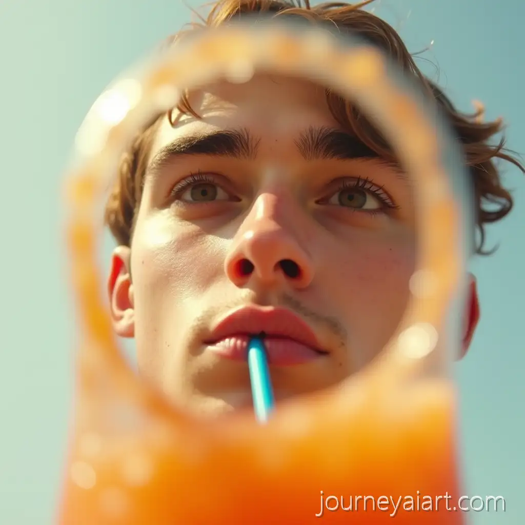 Young-Man-Drinking-Peach-PulpPeach-pulp-through-bottle-from-a-Plastic-Bottle-with-Blue-Straw