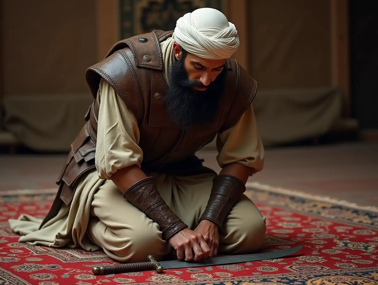 Almoravid-Warrior-Praying-on-a-Patterned-Rug-with-Scimitar