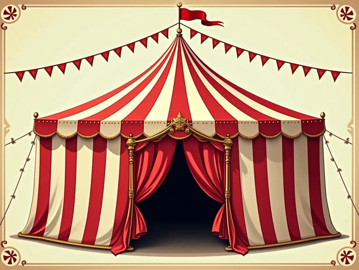 Vintage Circus Tent with Red and White Stripes and Ornate Entrance