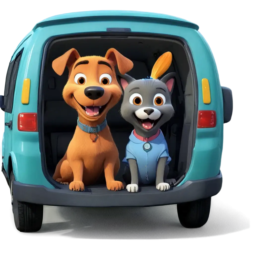 Pixar-Cartoon-Smiling-Dog-and-Cat-in-a-Pet-Van-PNG-with-Seatbelts-Colorful-Transparent-Background-for-HighQuality-Image-Use