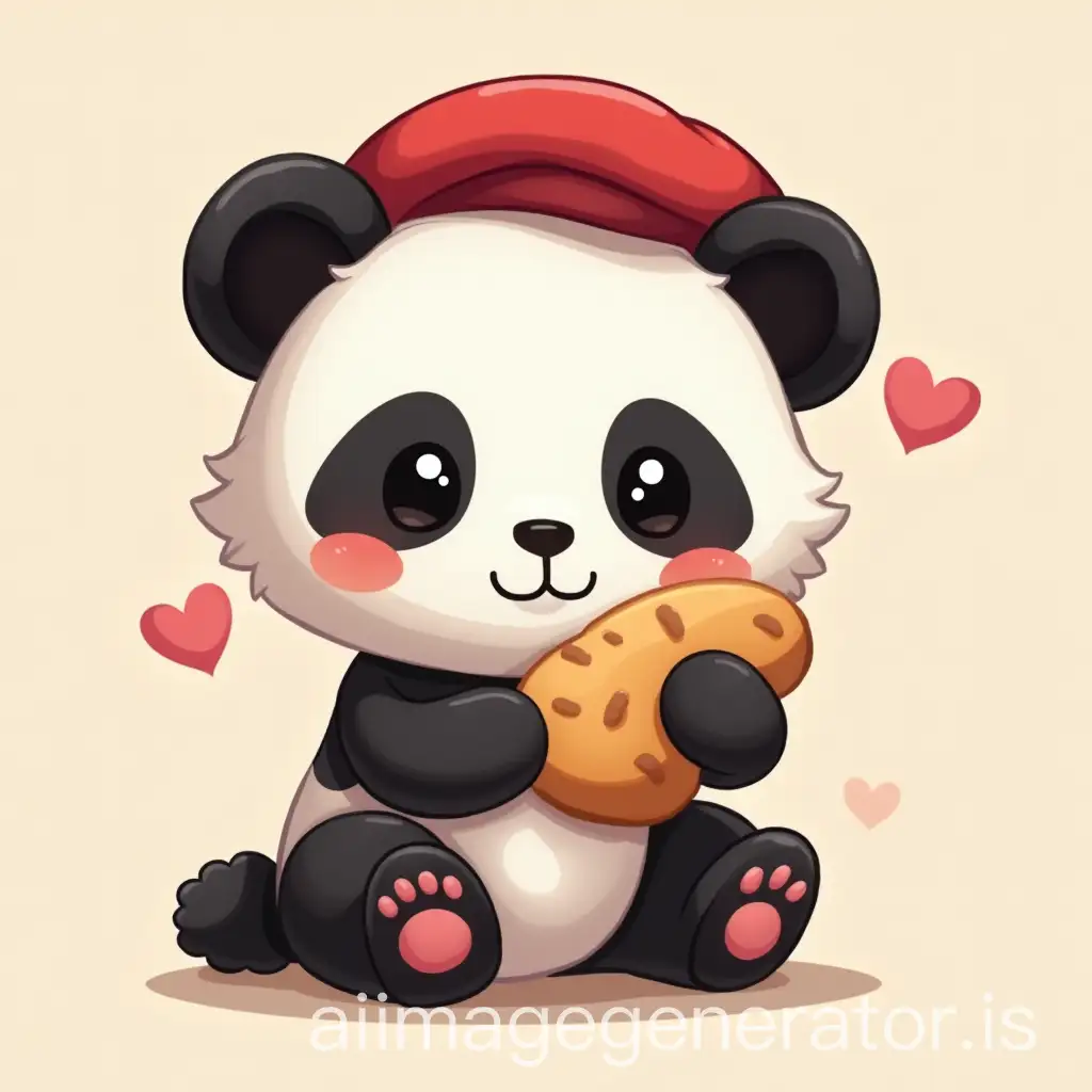 Kawaii-Panda-in-Red-Beret-with-Breadstick-in-Black-and-White