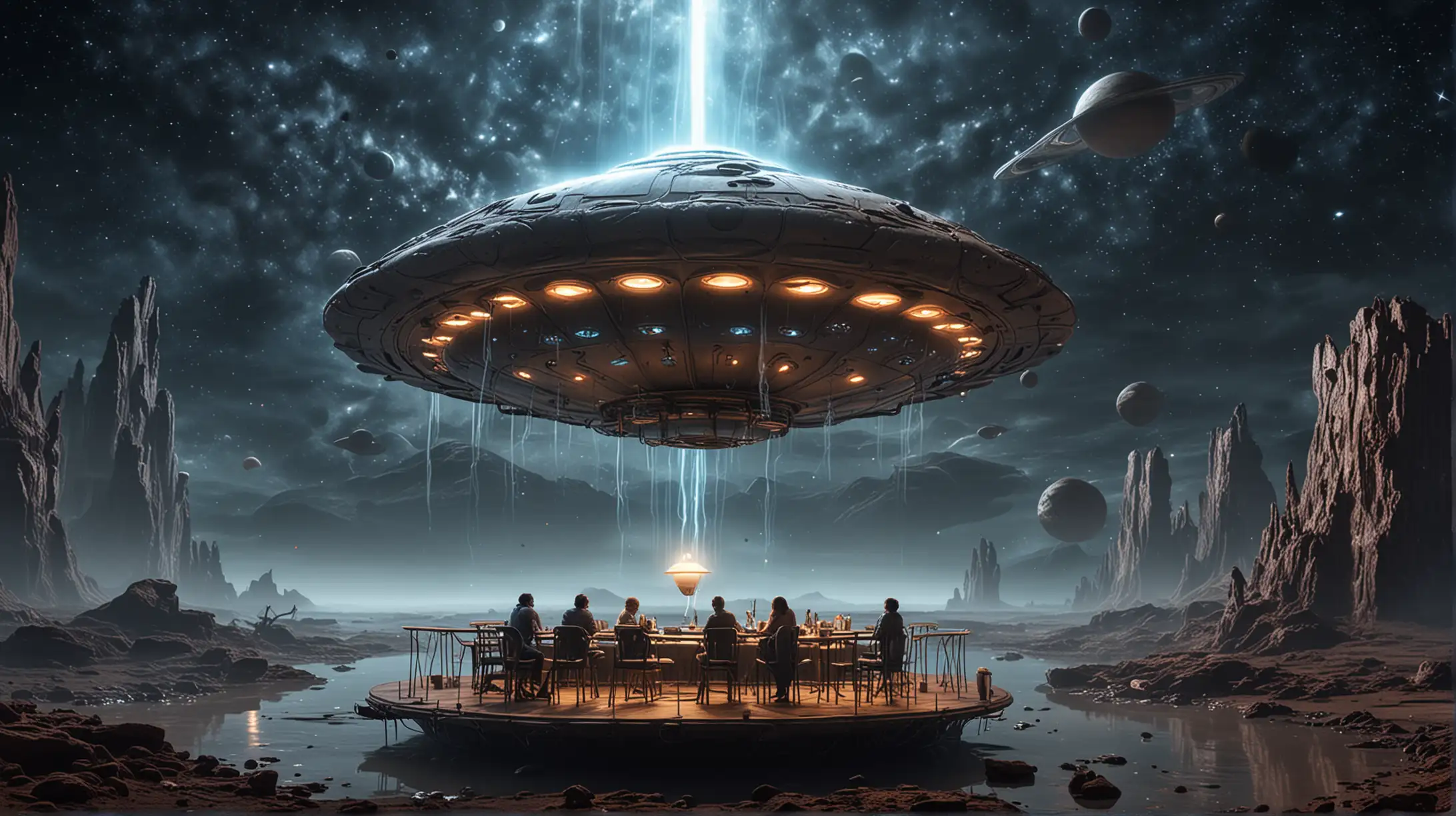 Floating Alien Cafe with Light Propulsion on Strange Alien Planet