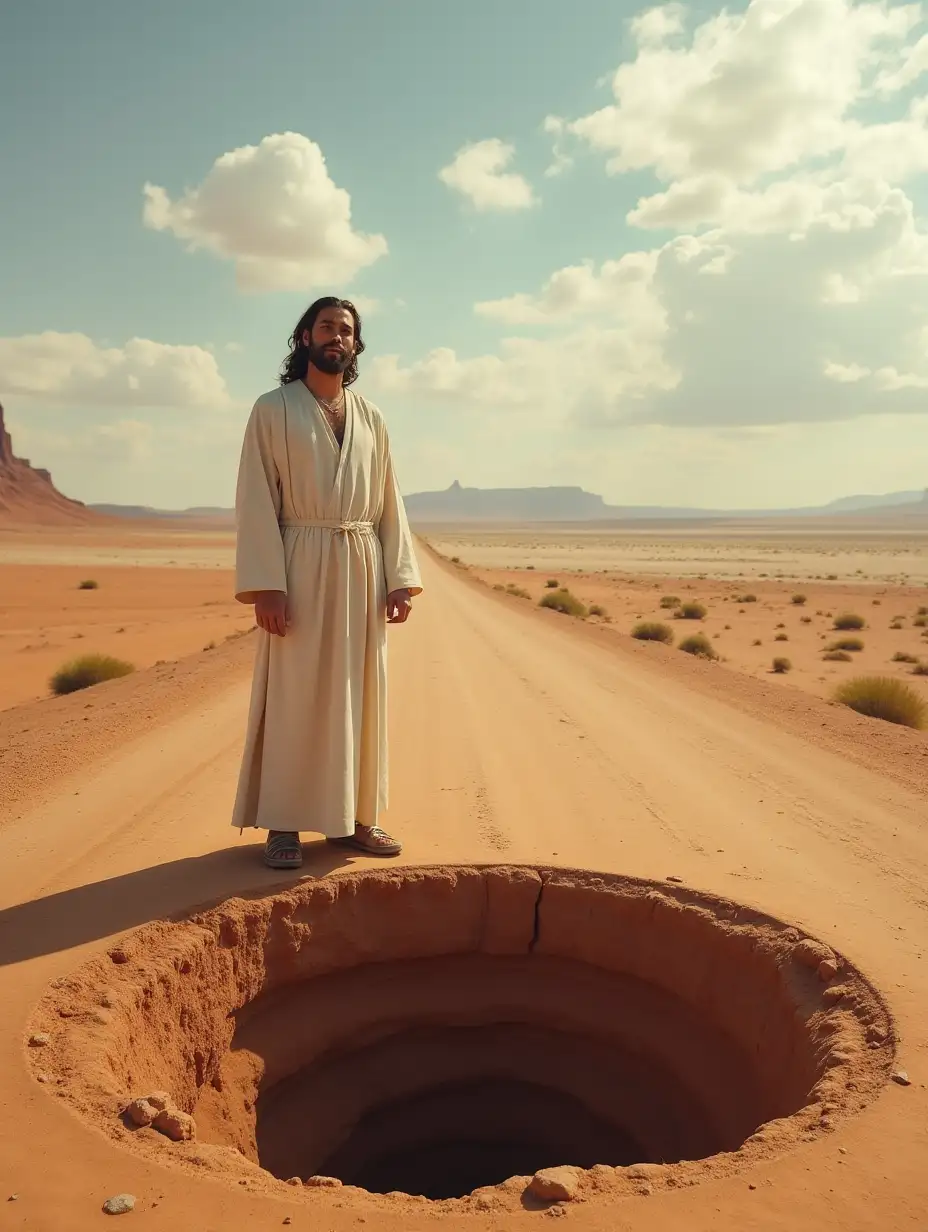 Jesus Christ stands with a modern man next to a hole on a desert road