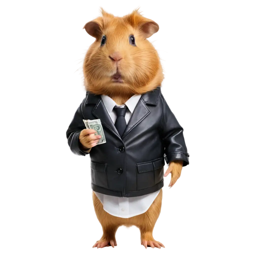 PNG-Image-of-a-Stylish-Guinea-Pig-in-a-Leather-Jacket-Holding-Money-Creative-AI-Art