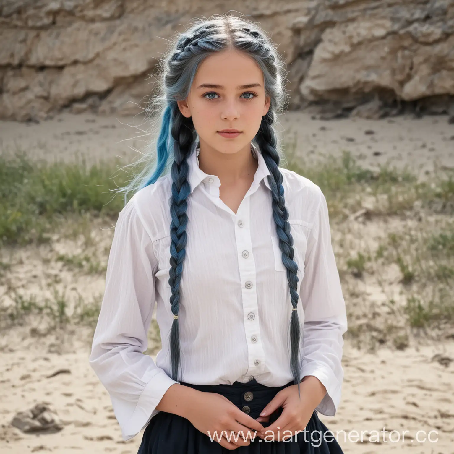 Youthful-Girl-with-Braided-Blue-Hair-and-Enchanting-Staff-on-Sandy-Beach