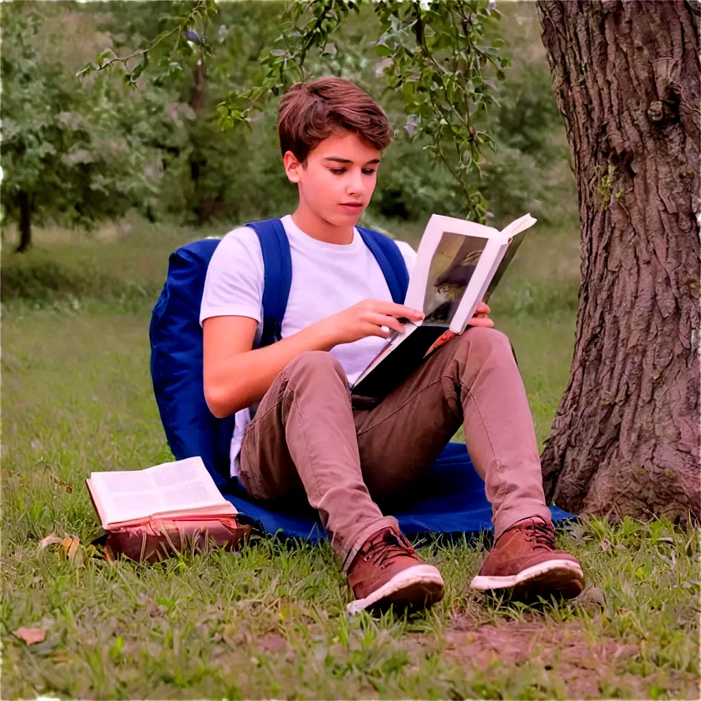 Teenage-Boy-Reading-a-Book-Under-a-Tree-PNG-Image-for-Clarity-and-Quality