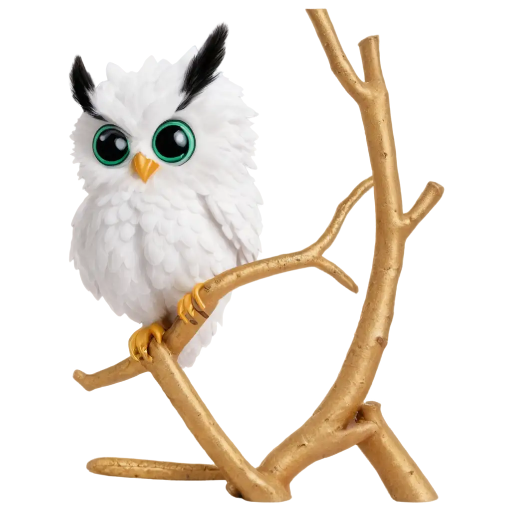 PNG-Image-of-a-White-Fluffy-Owl-with-GreenBlue-Eyes-Golden-Ears-and-a-GoldenBlack-Cobra-Snake-on-a-Golden-Tree