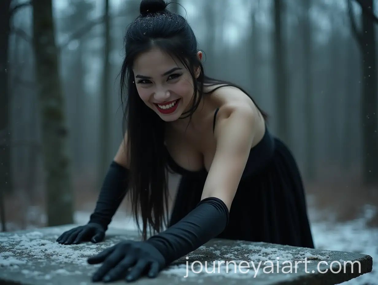 Angry-Chinese-Woman-in-Black-Strapless-Dress-on-Stone-Table-in-Moonlit-Woodland