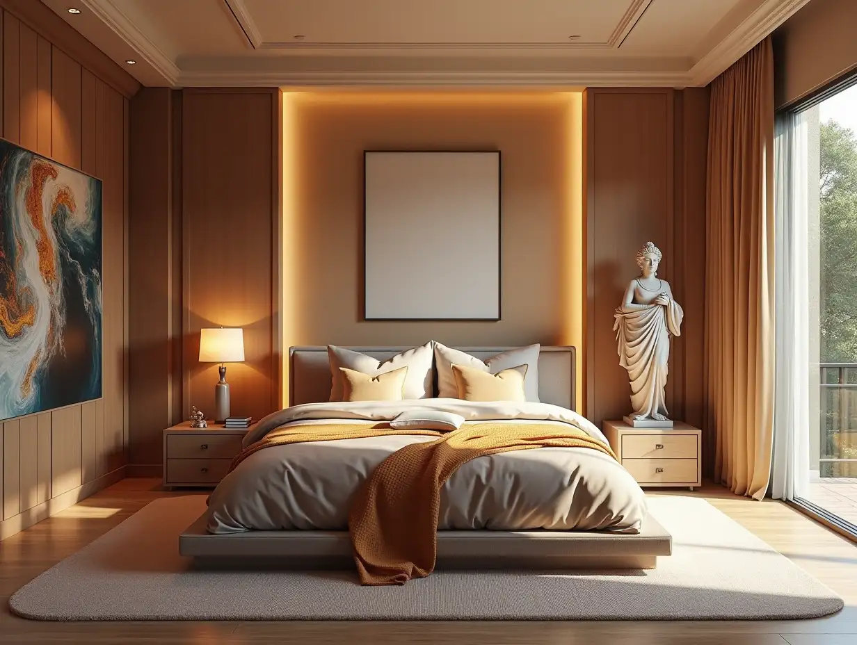 a very large modern bedroom with statue from 180 degree panoramic shots 8K resolution Colorful