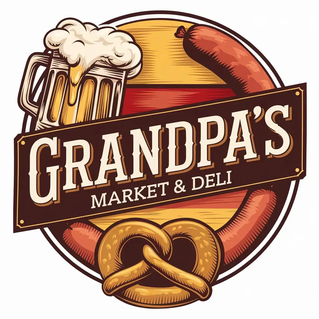 LOGO Design for Grandpas Market Deli Vintage Circular Style with Beer Mug Sausage Pretzel and Earthy Tones