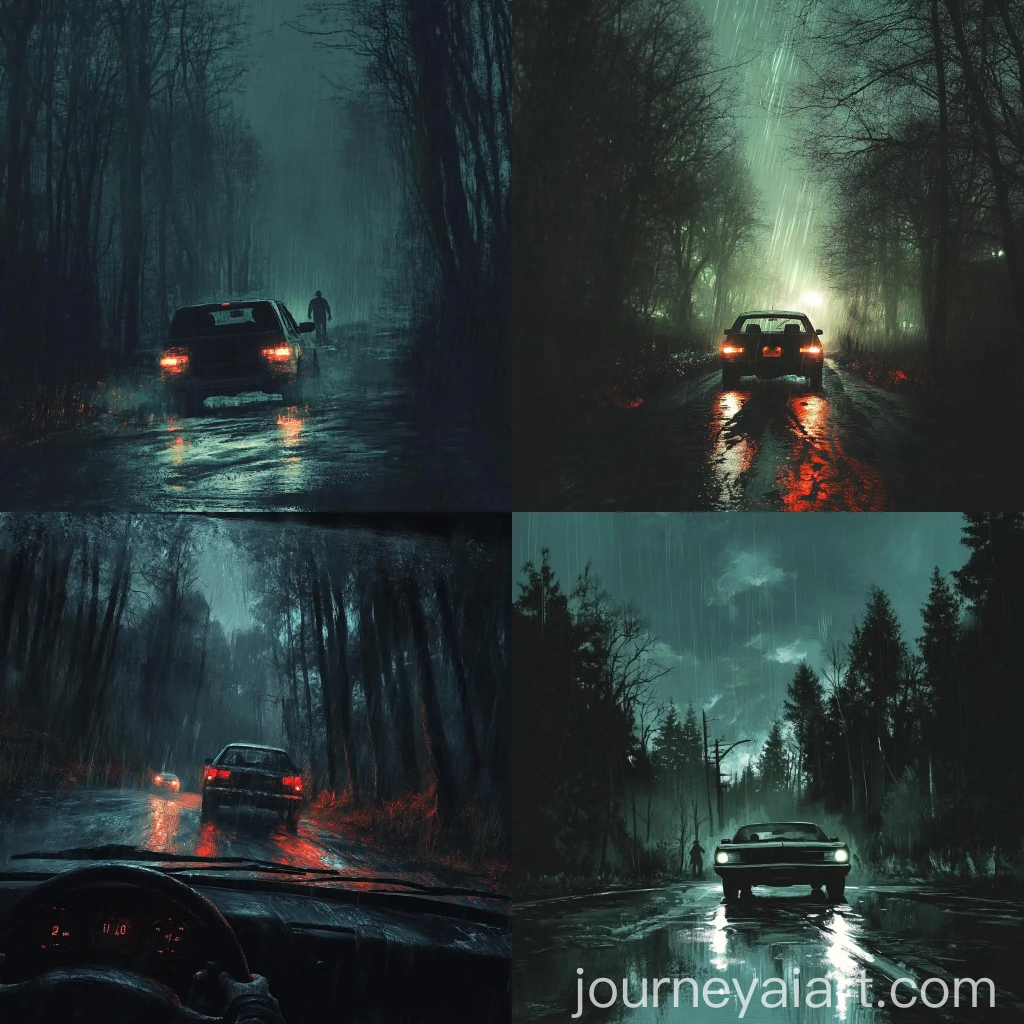 Lonely-Drive-Young-Man-Driving-Alone-on-Rainy-Horror-Night-Beside-Deserted-Forest