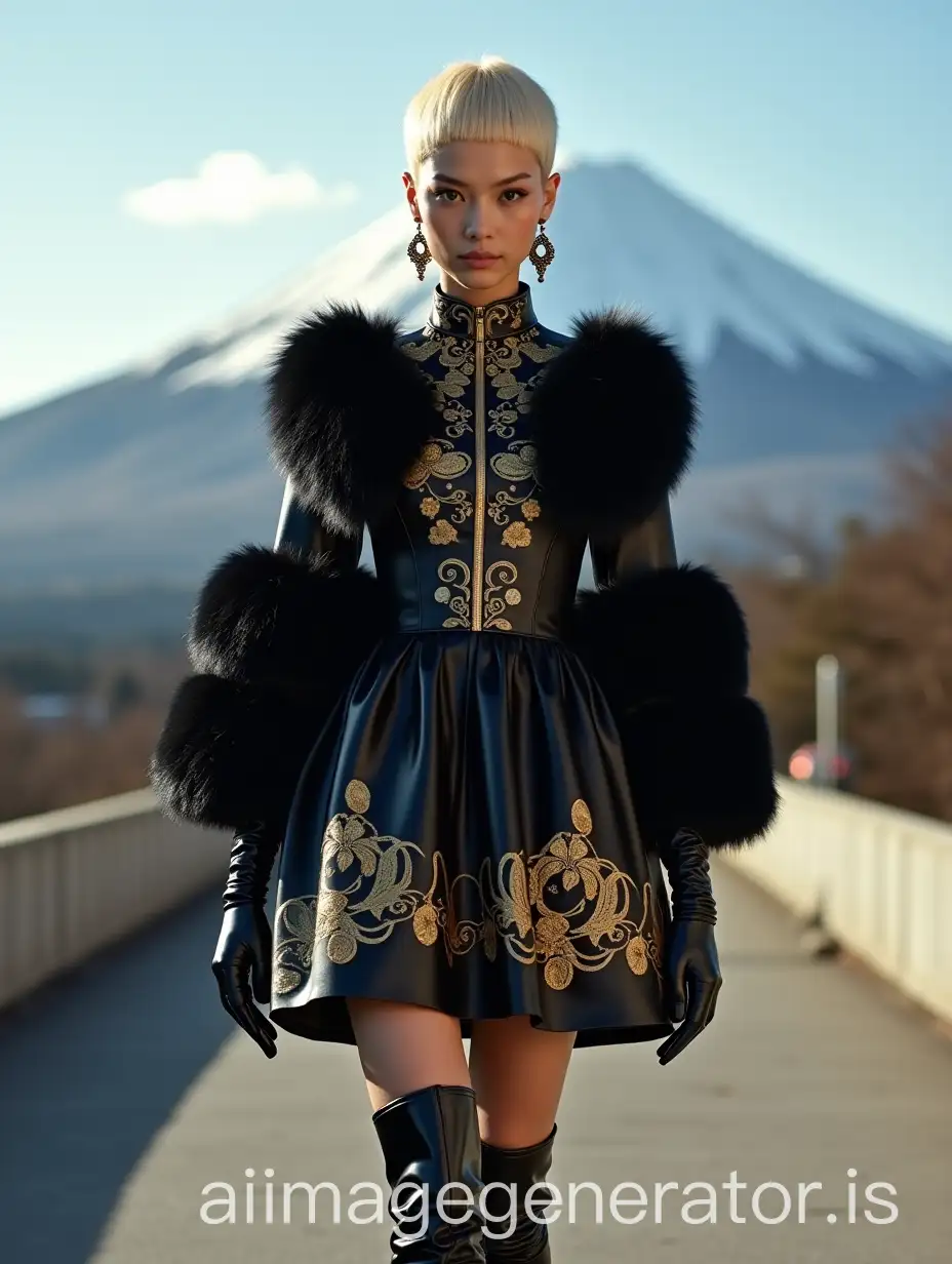 Blond-Japanese-Model-in-Dandy-Style-on-Catwalk-in-Front-of-Mount-Fujiyama