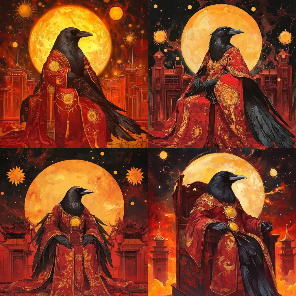 Cute-Dark-Golden-Crow-Bird-in-Hanfu-Costume-on-Royal-Throne-with-Nebulae-and-Chinese-Palace-Background