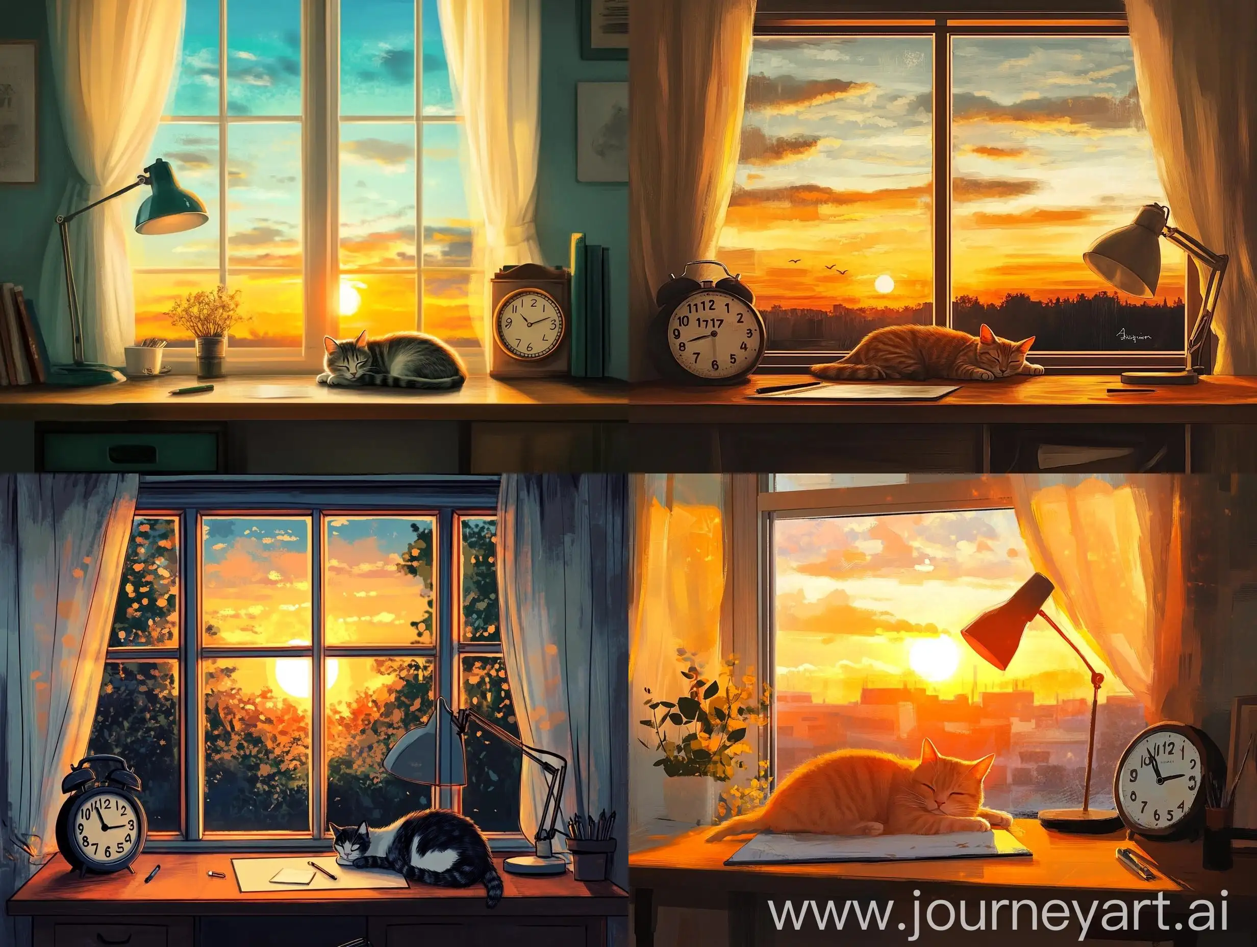 Cozy-Sunset-Scene-with-Cat-Sleeping-on-Desk-by-Window