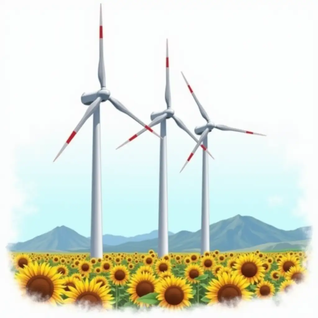 huge three-bladed electric wind turbines on white cone supports, three long white blades with red risks at a distance of 1/3 of the blade length. Wind turbines stand in a sunflower field, with mountains in a blue haze in the background. The image is stylized as a laminated sticker on a self-adhesive sticker on a white background, a vector image in the style of anime. Sticker design - top view, high resolution, vector graphics, white background, anime-style coloring