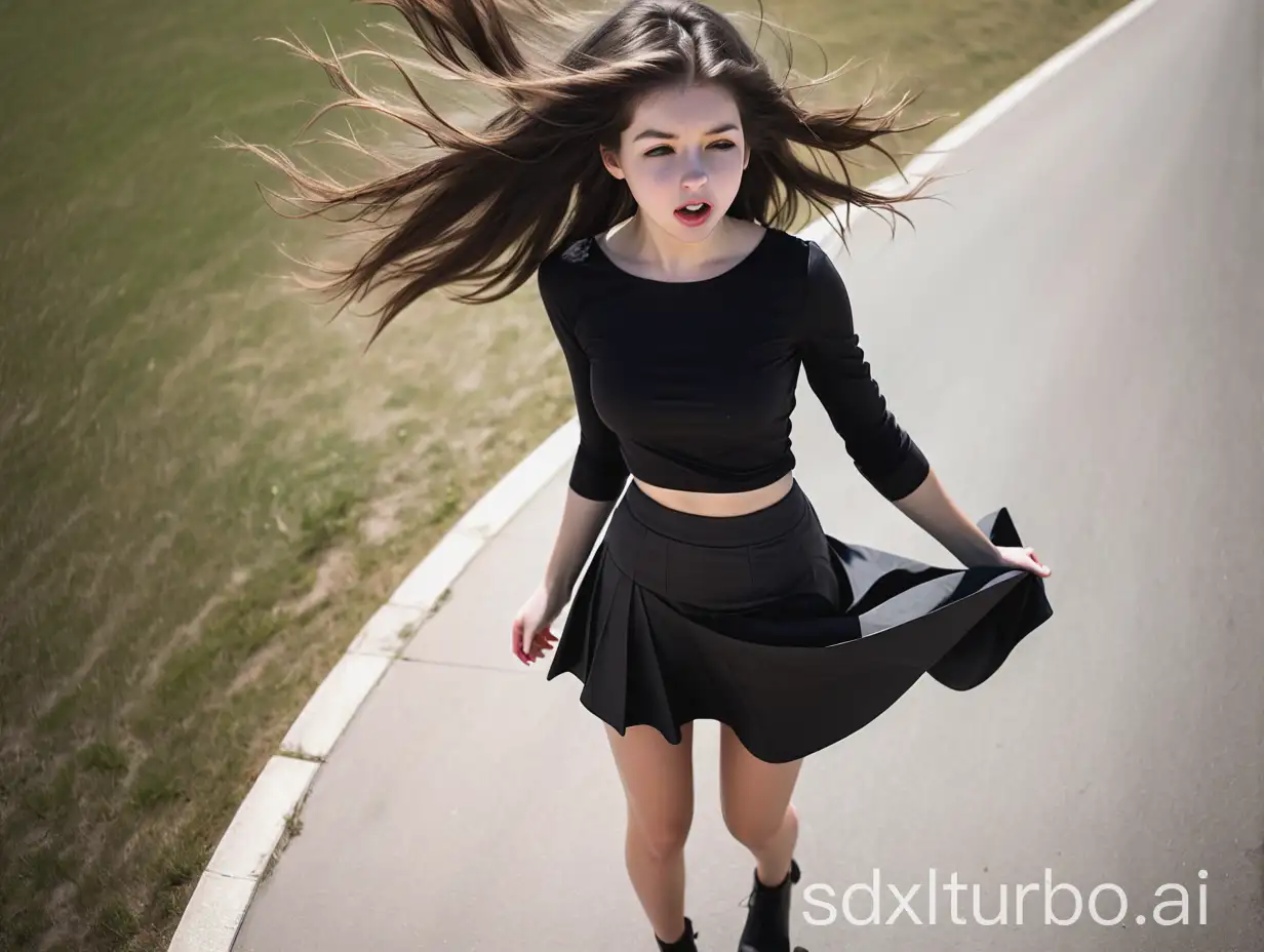 Young-Woman-in-Black-Skirt-Against-a-Windy-Sky