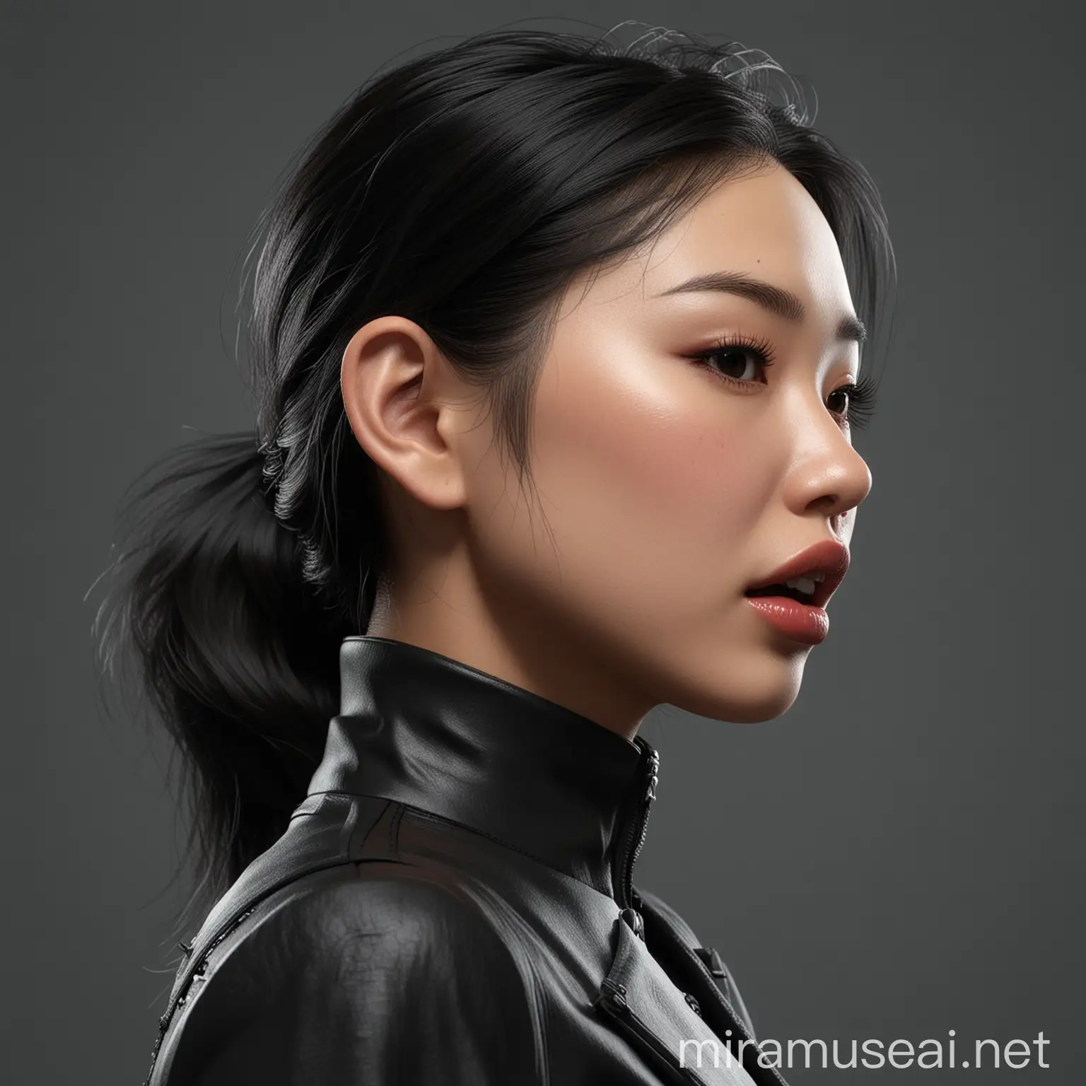 Asian Woman in Black Clothes Profile View with Pumped Lips