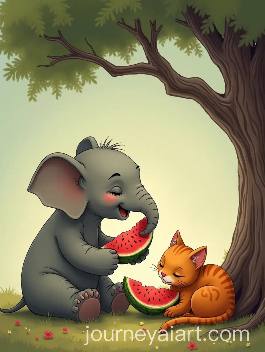 Young-Elephant-and-Orange-Cat-Sharing-Watermelon-Under-Withered-Tree