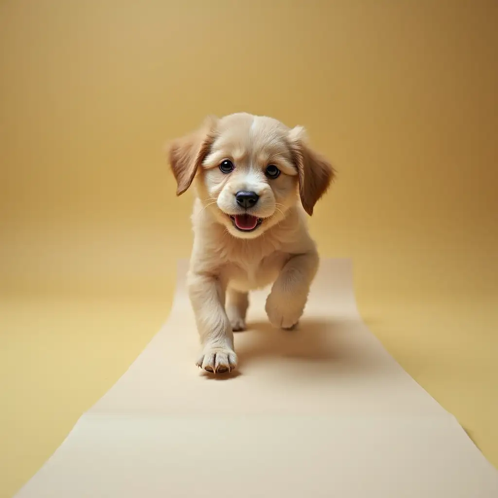 cute puppy running after paper