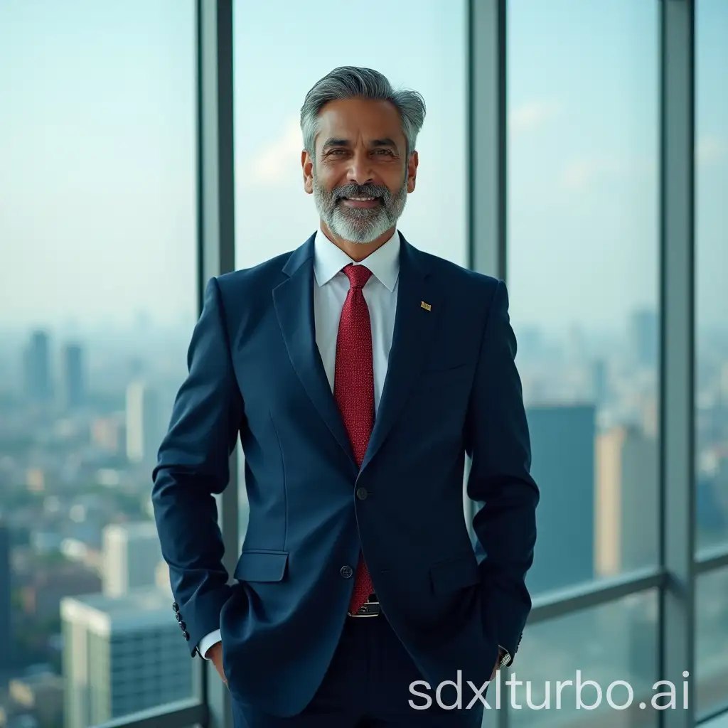 A portrait of an Indian businessman, dressed in a sharp navy-blue suit with a red tie, salt-and-pepper hair neatly combed, standing confidently in a modern glass office overlooking a bustling cityscape, bright natural light streaming through floor-to-ceiling windows, evoking a sense of ambition and success, Photography, captured using a Canon EOS R5 with a 50mm f/1.2 lens for sharp detail and blurred background