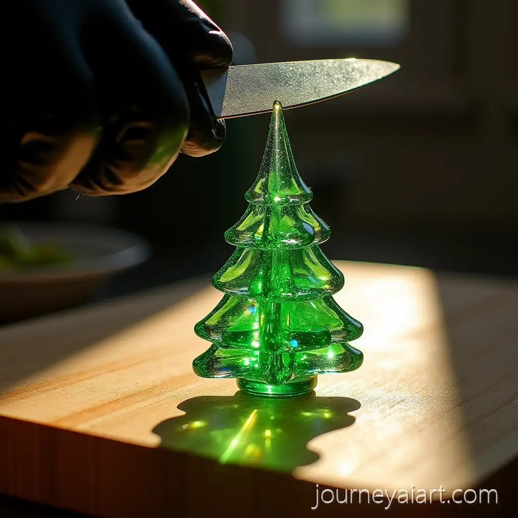 Macro-Shot-ofAI-Art-Prompt-Expansion-a-Green-Glass-Tree-on-a-Wooden-Cutting-Board-with-Shimmering-Highlights-and-Dramatic-Shadows