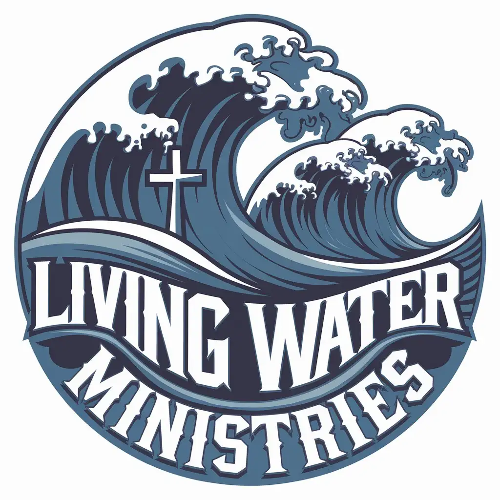 LOGO Design for Living Water Ministries Vector Logo Featuring Crashing Waves and Cross for Nonprofit Impact