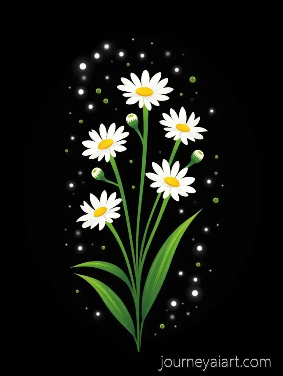 Vector-Illustration-of-White-Daisies-with-Green-Pea-Pods-and-Palm-Leaves-on-Black-Background