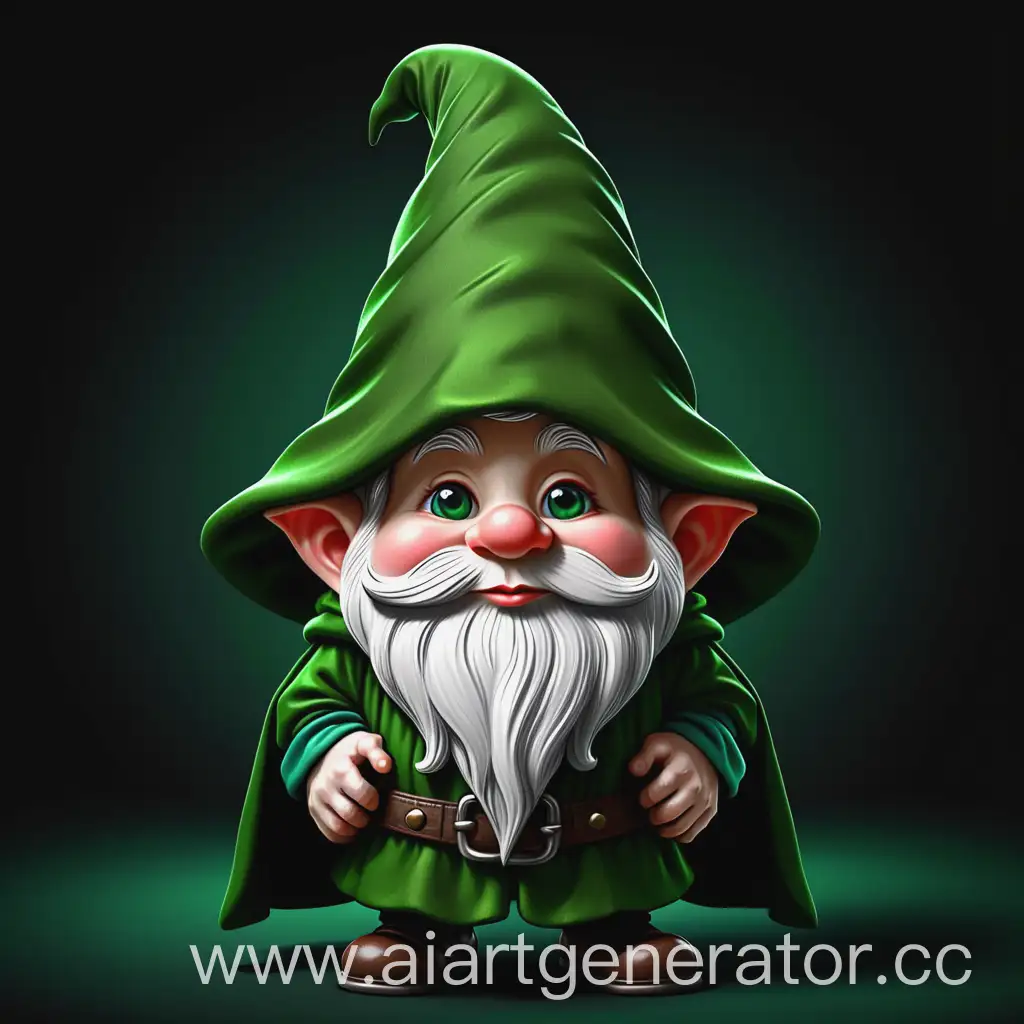 Cartoon-Gnome-in-Green-Cloak-on-Black-Background